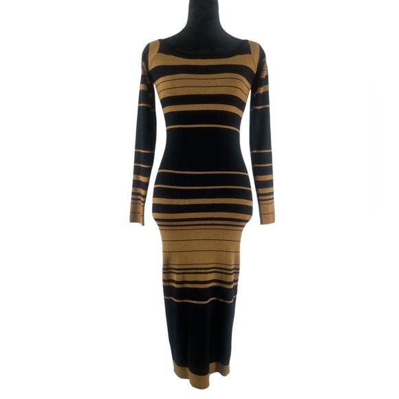 Stripped sweater dress,black,tan brown,long sleeve, Large - Picture 6 of 6